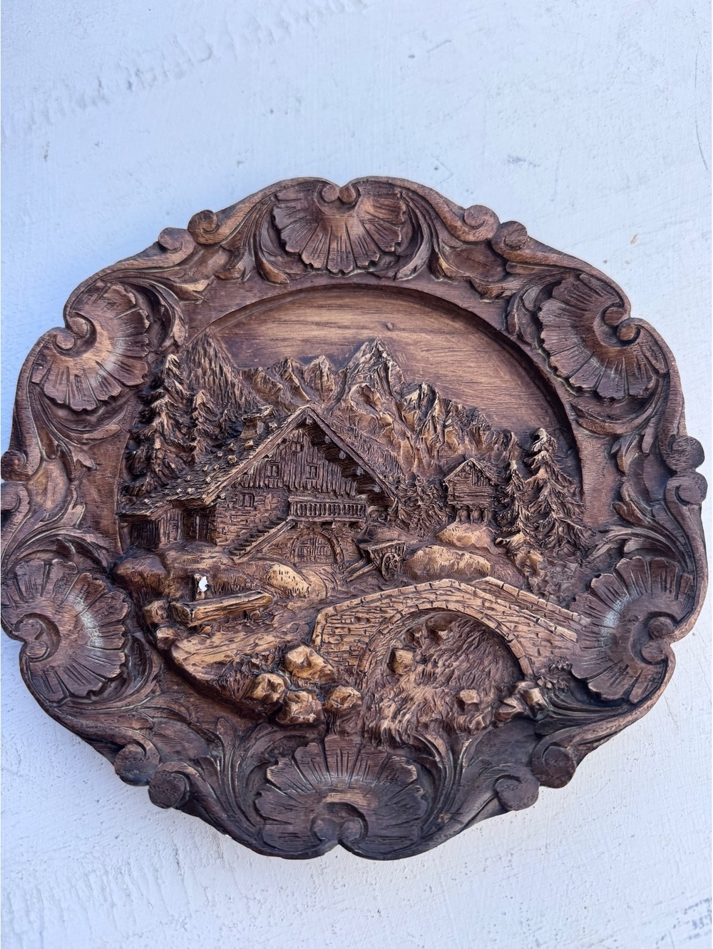 Vintage Hand Carved Wood Alpine Chalet Wall Plaque 3D Mountain Water Wheel 10”